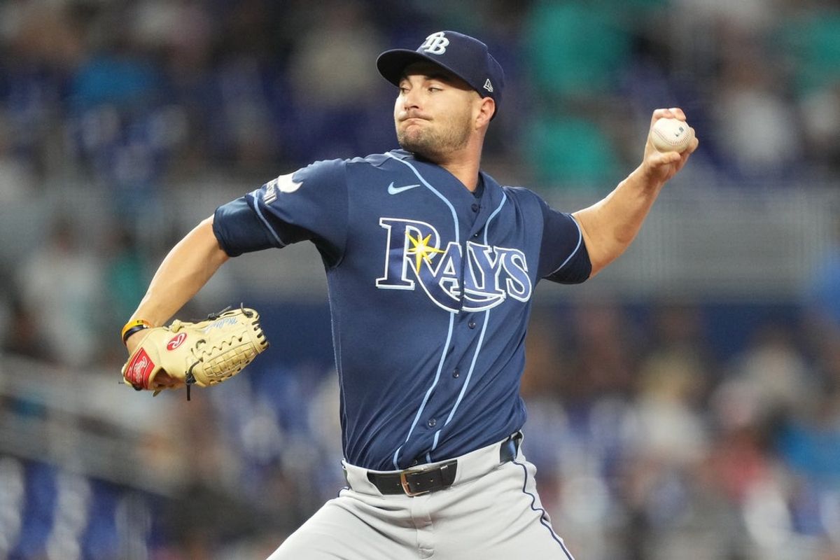 Jun 6, 2026; Miami, Florida, USA;  Tampa Bay Rays pitcher Shane McClanahan (18) throws in the first inning against the Miami Marlins at loanDepot Park. Mandatory Credit: Jim Rassol-Imagn Images