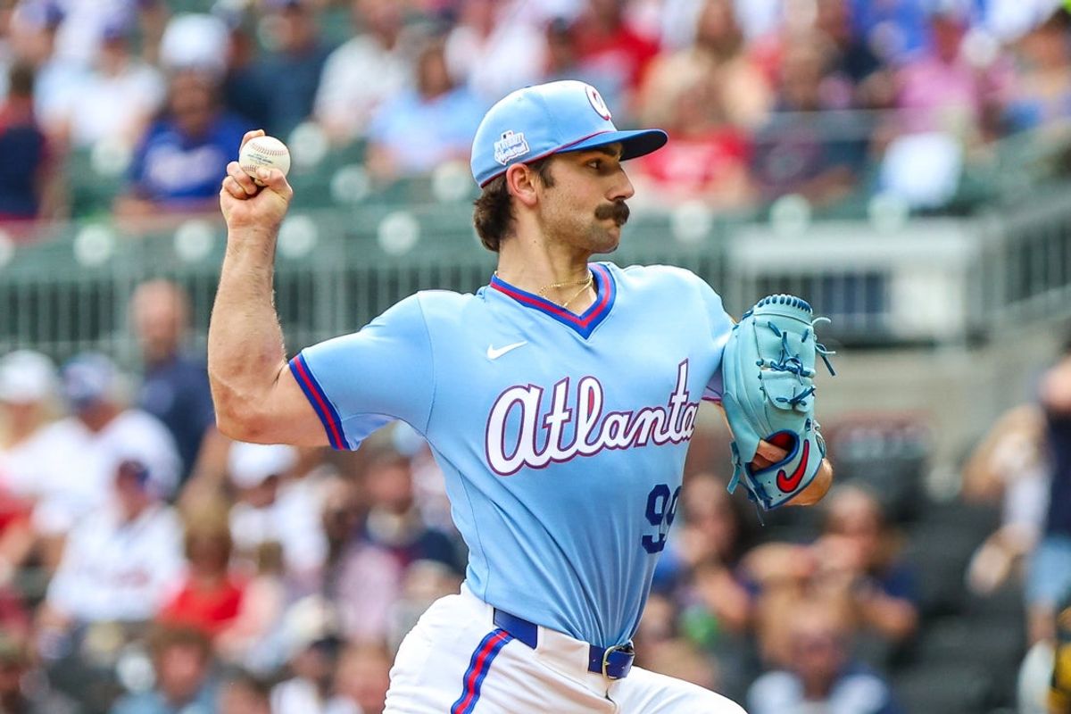 Jun 6, 2026; Cumberland, Georgia, USA; Atlanta Braves pitcher Spencer Strider (99) pitches the ball against the Pittsburgh Pirates during the first inning at Truist Park. Mandatory Credit: Jordan Godfree-Imagn Images