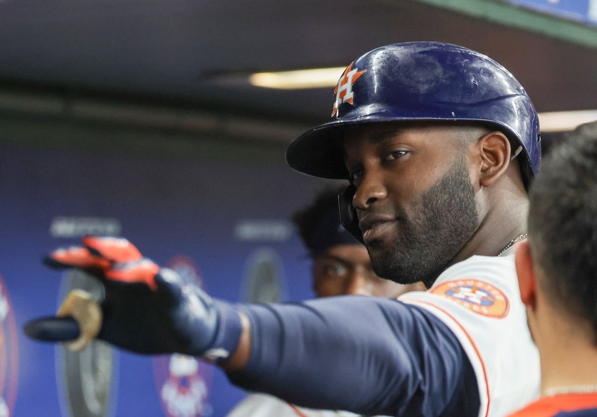 Jun 6, 2026; Houston, Texas, USA;  Houston Astros designated hitter Yordan Alvarez (44) celebrates his grand slam against the Athletics in the second inning at Daikin Park. Mandatory Credit: Thomas Shea-Imagn Images