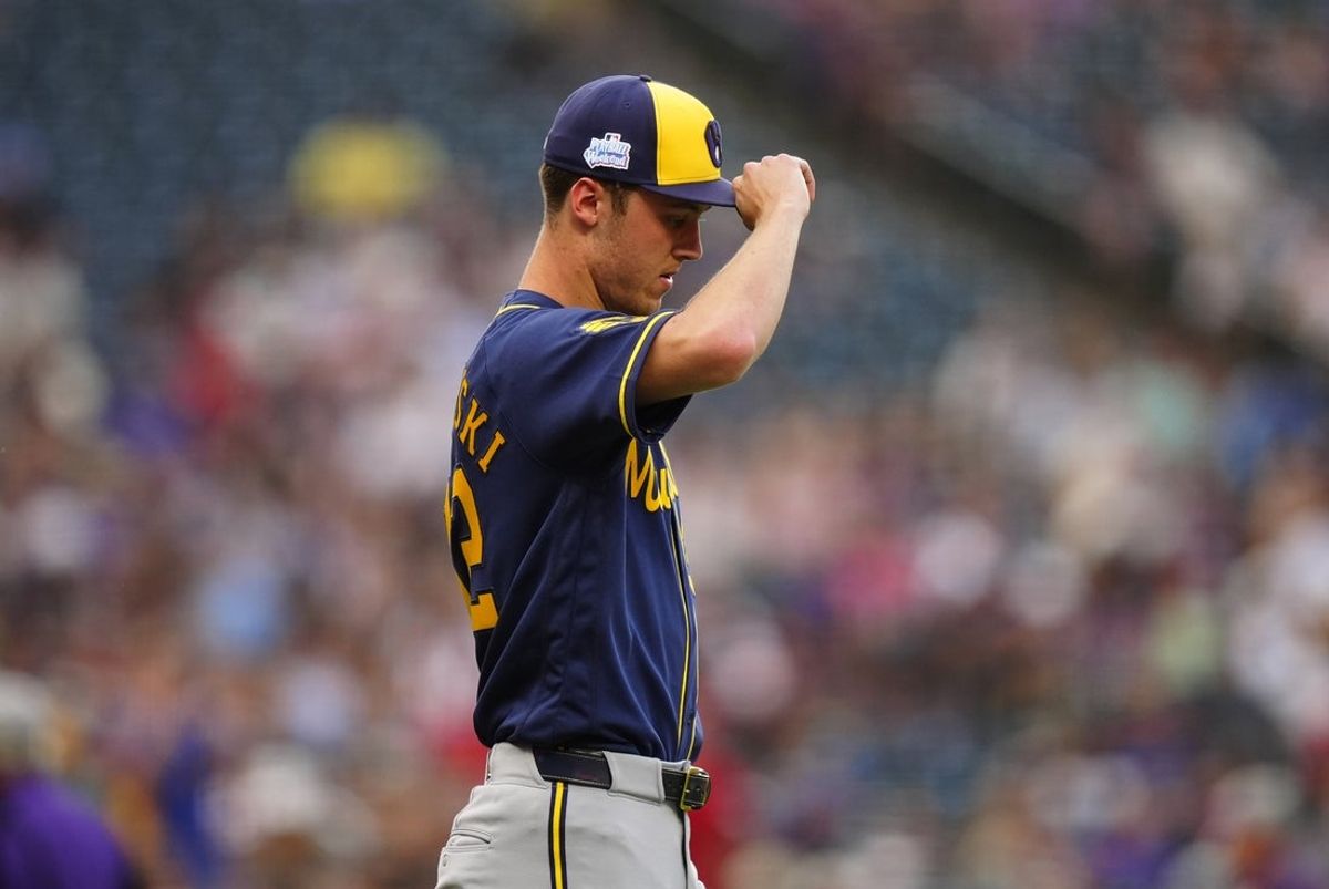 Jun 6, 2026; Denver, Colorado, USA;  Milwaukee Brewers starting pitcher Jacob Misiorowski (32) takes to the mound in the first inning against the Colorado Rockies at Coors Field. Mandatory Credit: Ron Chenoy-Imagn Images