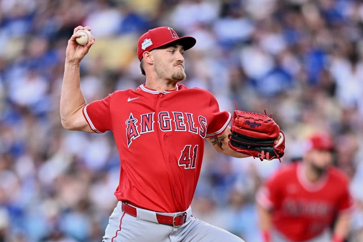 Jun 6, 2026; Los Angeles, California, USA; Los Angeles Angels starting pitcher Jack Kochanowicz (41) throws a pitch against the Los Angeles Dodgers during the first inning at Dodger Stadium. Mandatory Credit: William Liang-Imagn Images