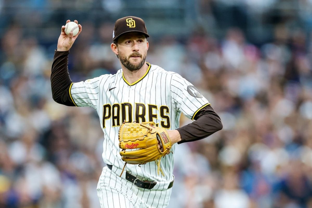 Jun 6, 2026; San Diego, California, USA; San Diego Padres starting pitcher Griffin Canning (17) throws to first base for an out during the second inning against the New York Mets at Petco Park. Mandatory Credit: David Frerker-Imagn Images
