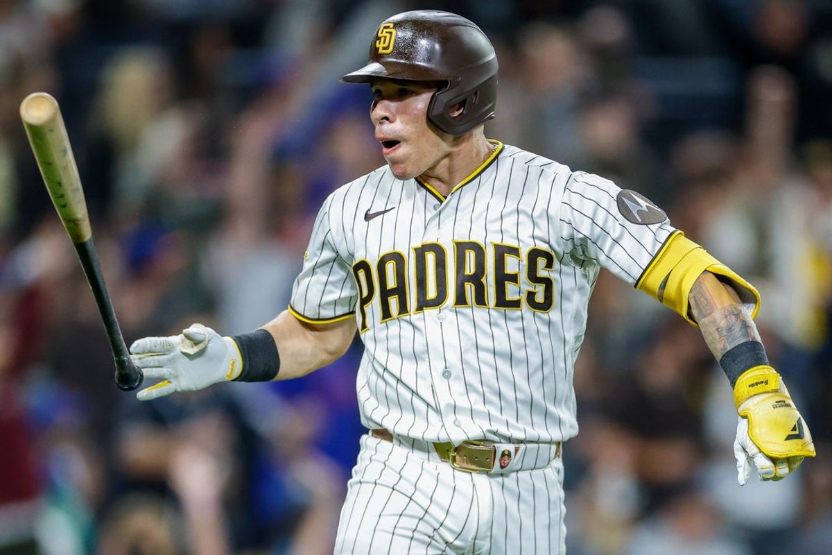 Jun 6, 2026; San Diego, California, USA; San Diego Padres catcher Freddy Fermin (54) celebrates after hitting a two-run home run during the seventh inning against the New York Mets at Petco Park. Mandatory Credit: David Frerker-Imagn Images