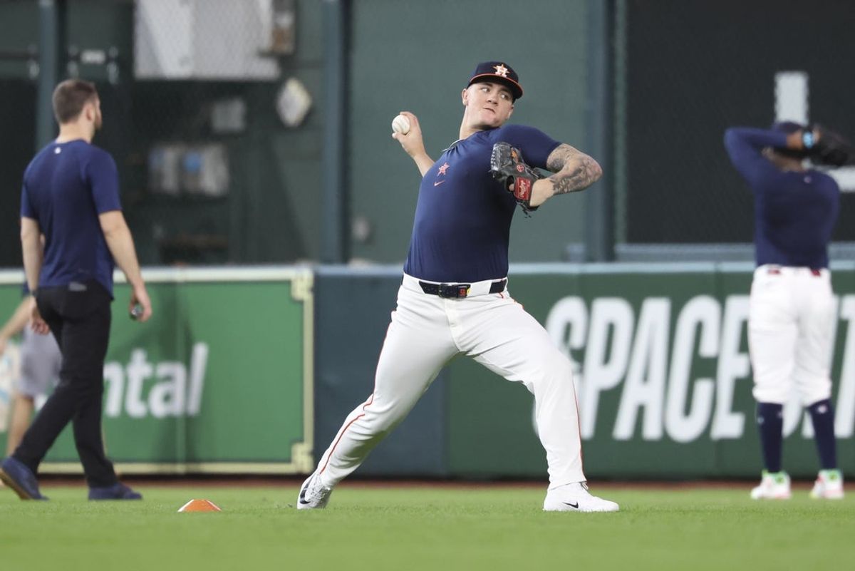 Jun 7, 2026; Houston, Texas, USA; Houston Astros pitcher Hunter Brown throws on the field before the game against the Athletics at Daikin Park. Mandatory Credit: Troy Taormina-Imagn Images