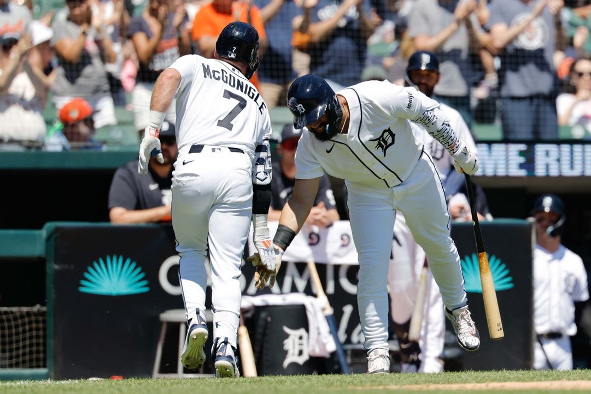 Jun 7, 2026; Detroit, Michigan, USA;  Detroit Tigers shortstop Kevin McGonigle (7) receives congratulations from designated hitter Gleyber Torres (25) after he hits a home run in the forth inning against the Seattle Mariners at Comerica Park. Mandatory Credit: Rick Osentoski-Imagn Images