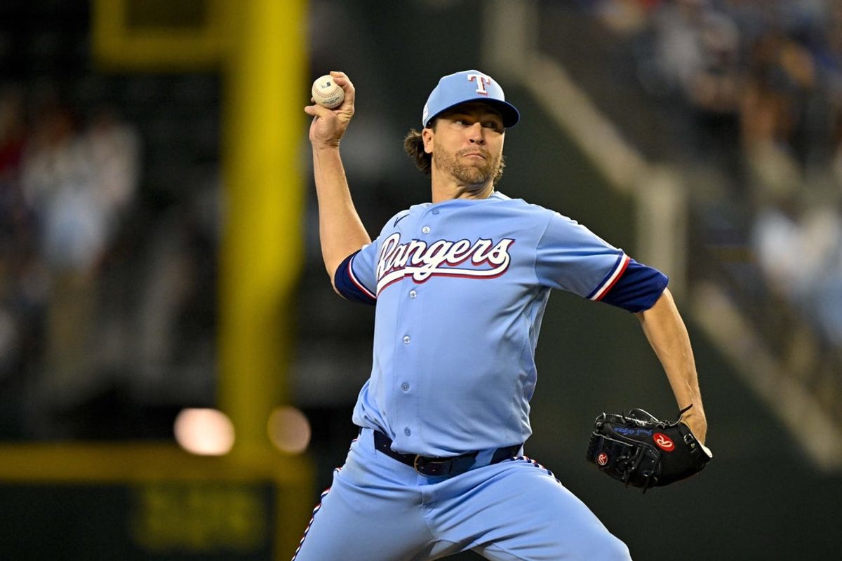 Jun 7, 2026; Arlington, Texas, USA; Texas Rangers starting pitcher Jacob Degrom (48) pitches against the Cleveland Guardians during the third inning at Globe Life Field. Mandatory Credit: Jerome Miron-Imagn Images