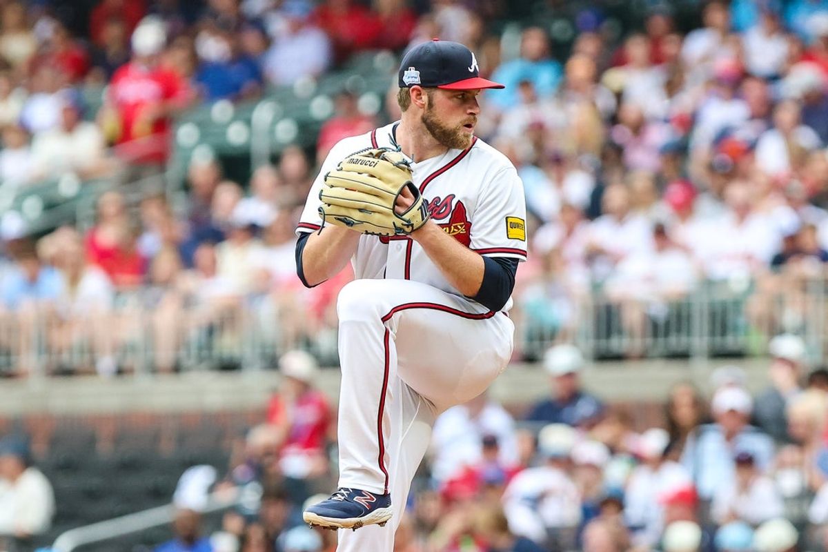 Jun 7, 2026; Cumberland, Georgia, USA; Atlanta Braves pitcher Bryce Elder (55) pitches the ball against the Pittsburgh Pirates during the first inning at Truist Park. Mandatory Credit: Jordan Godfree-Imagn Images