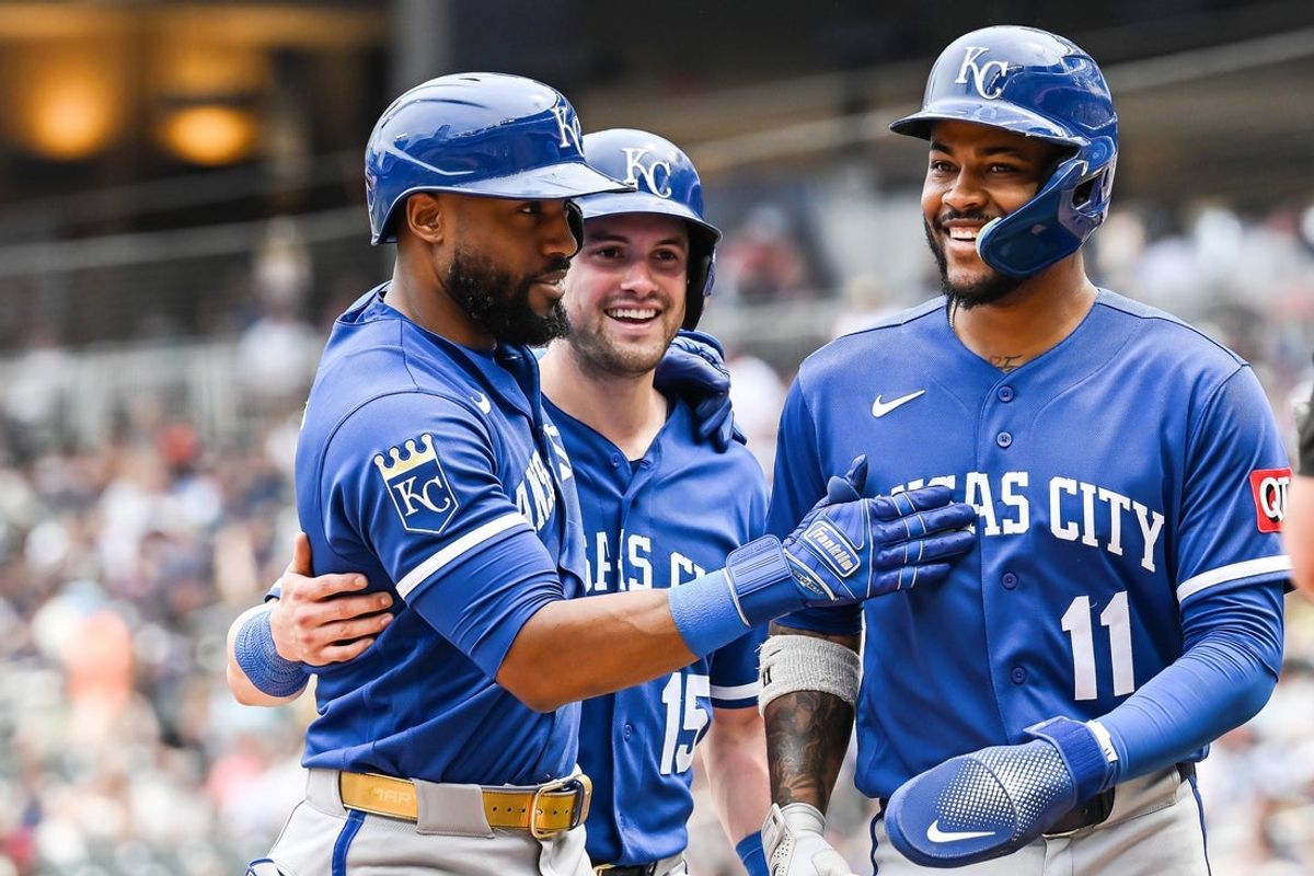 Jun 7, 2026; Minneapolis, Minnesota, USA; Kansas City Royals right fielder Starling Marte (left), third baseman Maikel Garcia (11), and center fielder Lane Thomas (15) react after a three run home run by Marte against the Minnesota Twins during the fifth inning at Target Field. Mandatory Credit: Jeffrey Becker-Imagn Images