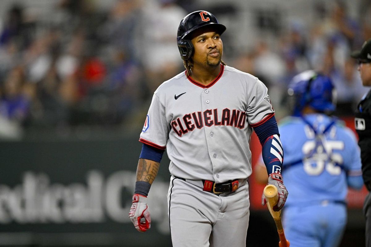 Jun 7, 2026; Arlington, Texas, USA; Cleveland Guardians designated hitter Jose Ramirez (11) looks on after he strikes out with the bases loaded to end the fifth inning against the Texas Rangers at Globe Life Field. Mandatory Credit: Jerome Miron-Imagn Images