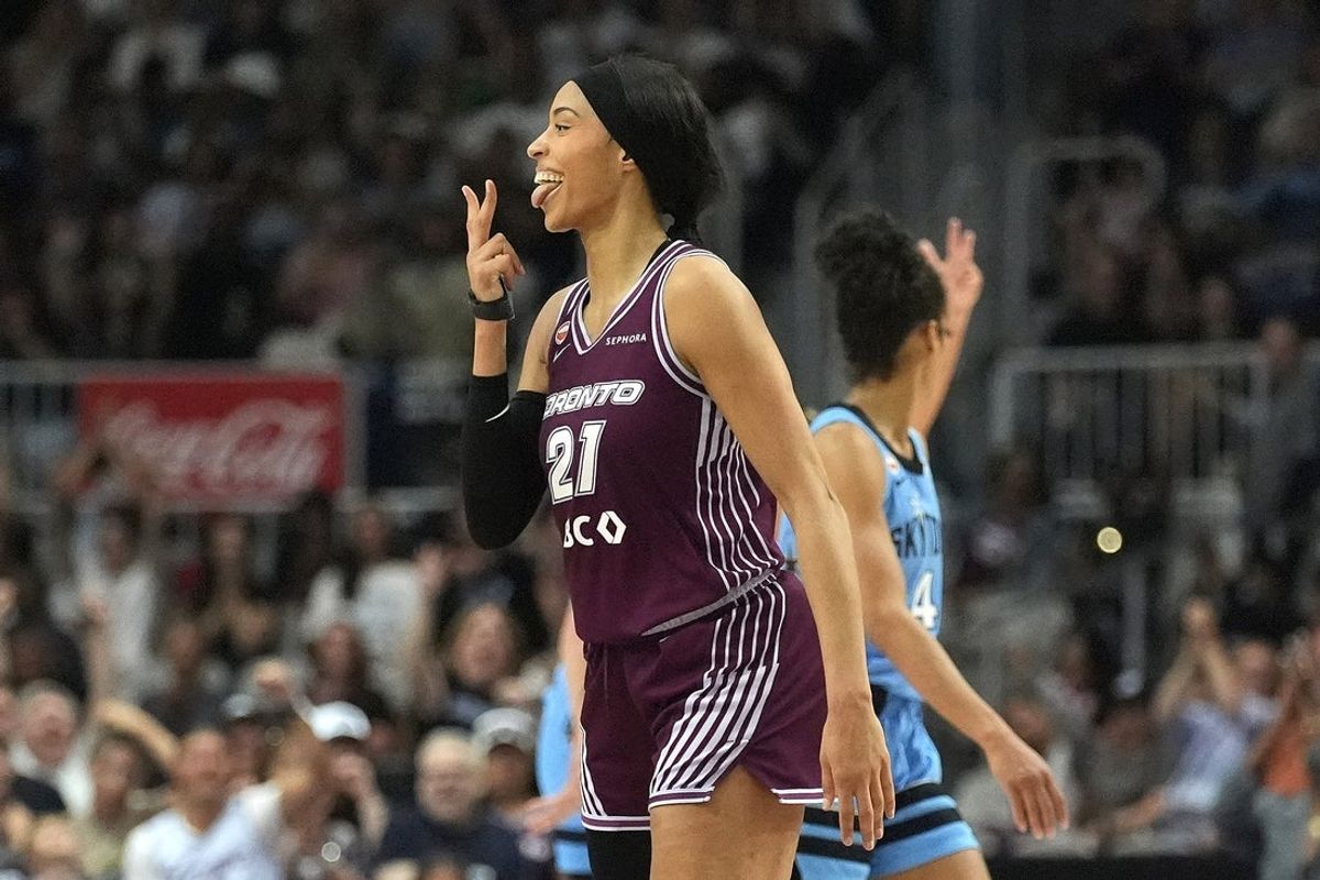 Jun 7, 2026; Toronto, Ontario, CAN; Toronto Tempo forward Isabelle Harrison (21) reacts after making a three point basket against the Chicago Sky during the second half at Coca-Cola Coliseum. Mandatory Credit: John E. Sokolowski-Imagn Images