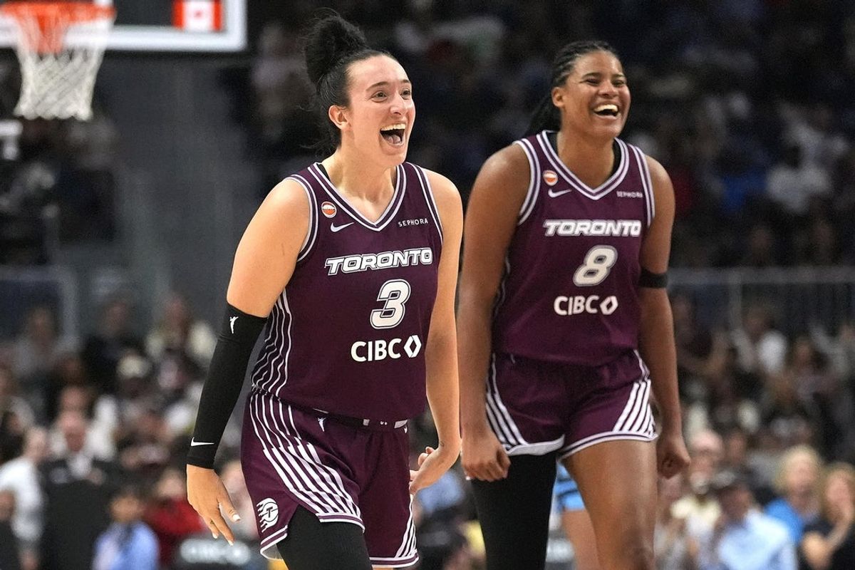 Jun 7, 2026; Toronto, Ontario, CAN; Toronto Tempo guard Marina Mabrey (3) and center Nyara Sabally (8) react after a three point basket by Toronto Tempo forward Isabelle Harrison (not pictured) against Chicago Sky during the second half at Coca-Cola Coliseum. Mandatory Credit: John E. Sokolowski-Imagn Images