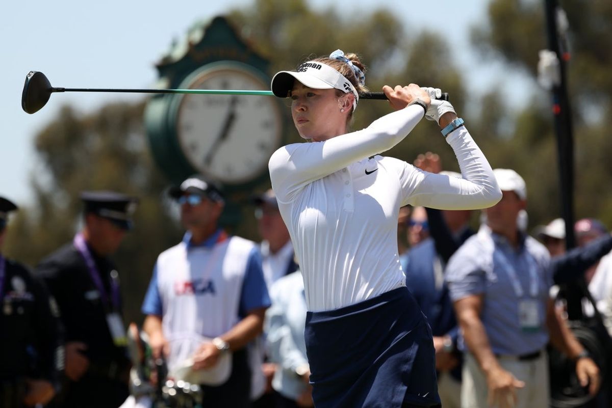 Jun 7, 2026; Pacific Palisades, California, USA;  Nelly Korda looks on after hitting her tee shot from the first tee during the final round of the U.S. Women's Open golf tournament at Riviera Country Club. Mandatory Credit: Kiyoshi Mio-Imagn Images