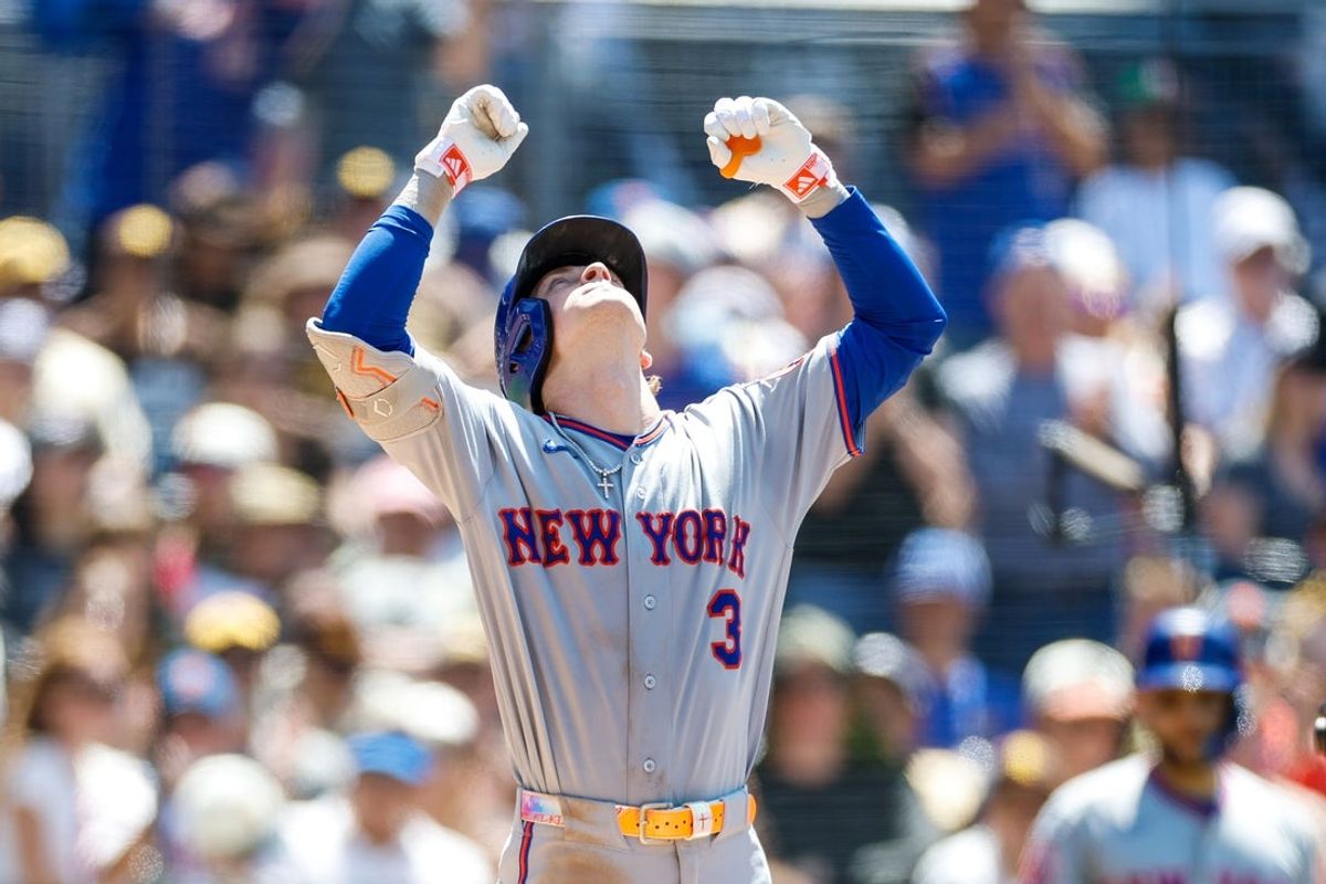 Jun 7, 2026; San Diego, California, USA; New York Mets right fielder Carson Benge (3) celebrates after hitting a one run home run during the sixth inning against the San Diego Padres at Petco Park. Mandatory Credit: David Frerker-Imagn Images