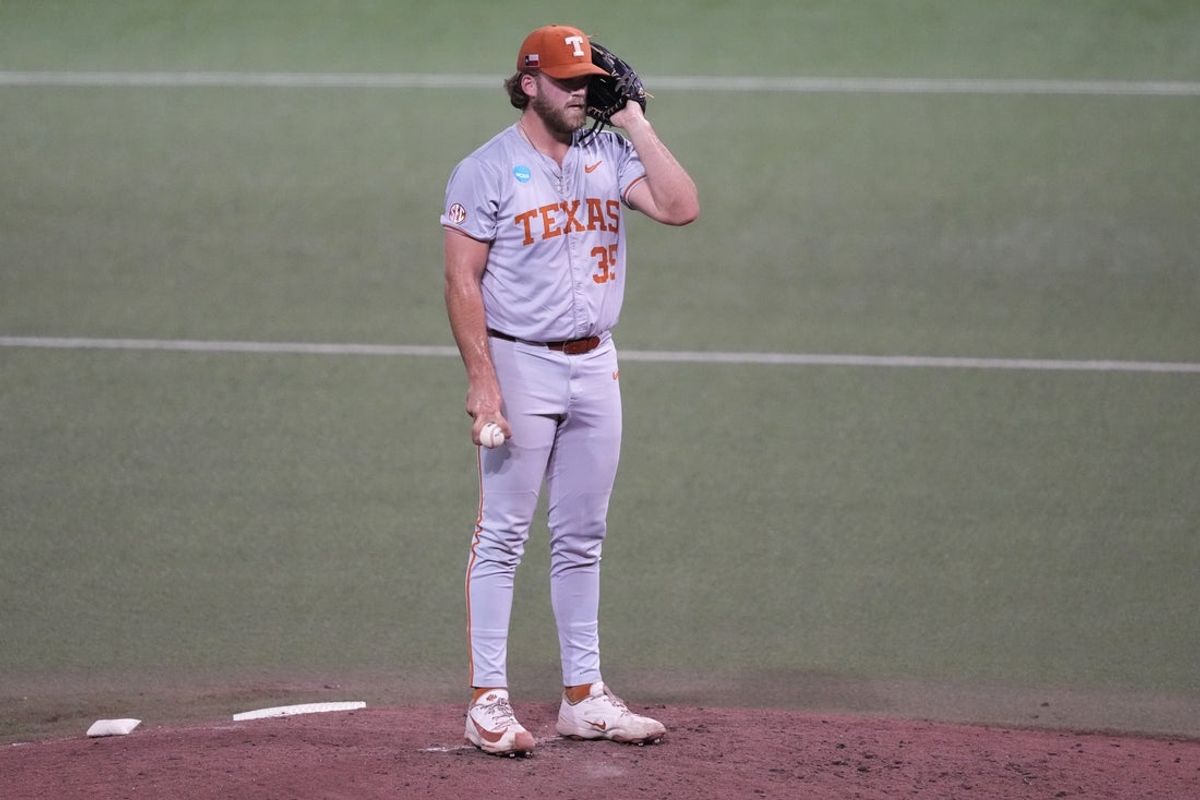 Texas Longhorns pitcher Sam Cozart (35) listens for the pitch to be called during the eighth inning of a Super Regional game against the Oregon Ducks at UFCU Disch-Falk field in Austin, Texas. Mandatory Credit: Scott Wachter-Imagn Images