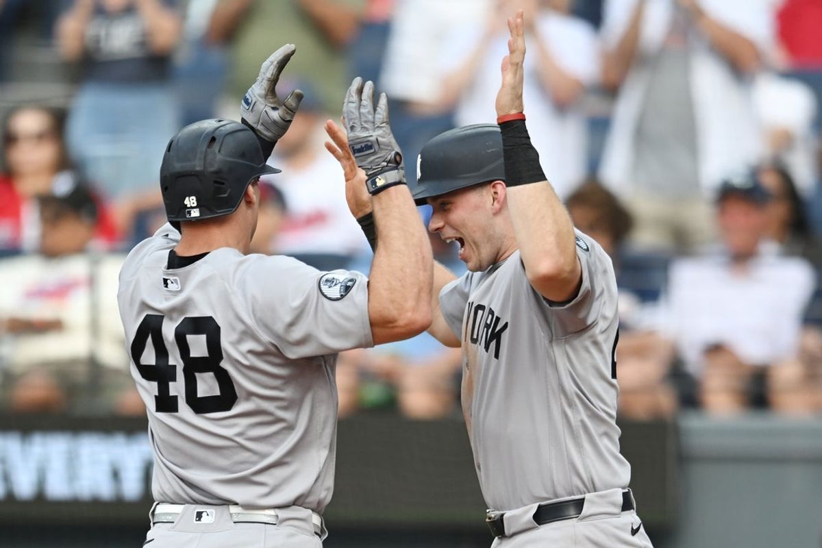Jun 8, 2026; Cleveland, Ohio, USA; New York Yankees designated hitter Paul Goldschmidt (48) celebrates with first baseman Ben Rice (22) after hitting a home run during the first inning against the Cleveland Guardians at Progressive Field. Mandatory Credit: Ken Blaze-Imagn Images