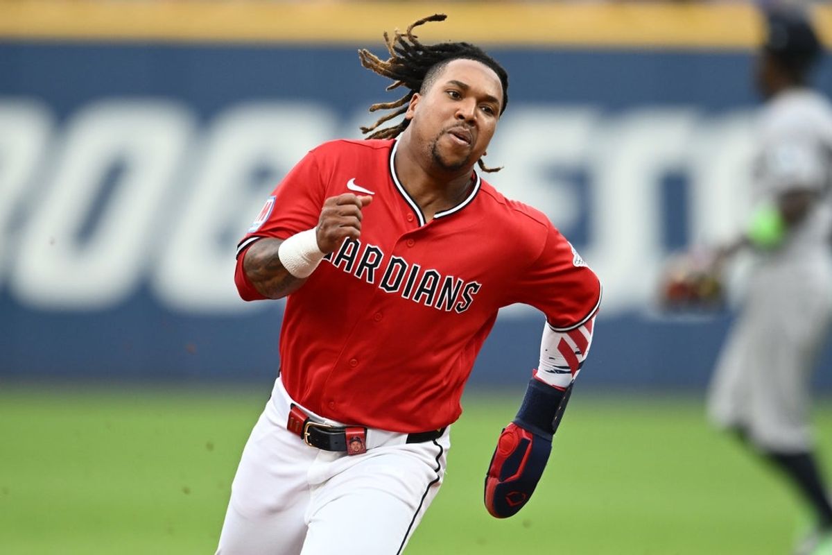 Jun 8, 2026; Cleveland, Ohio, USA; Cleveland Guardians third baseman Jose Ramirez (11) advances to third on a single by Cleveland Guardians designated hitter Chase DeLauter (not pictured) during the third inning against the New York Yankees at Progressive Field. Mandatory Credit: Ken Blaze-Imagn Images