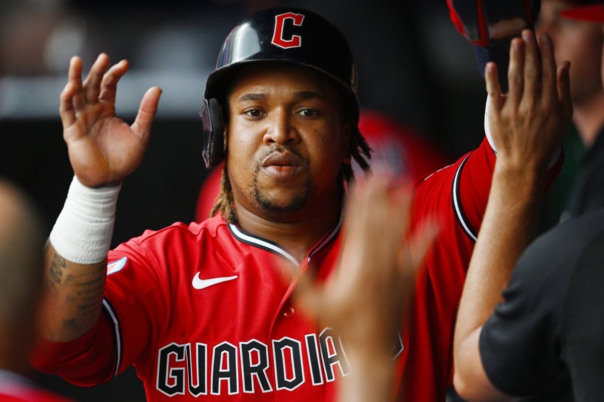 Jun 8, 2026; Cleveland, Ohio, USA; Cleveland Guardians third baseman Jose Ramirez (11) celebrates after scoring during the third inning against the New York Yankees at Progressive Field. Mandatory Credit: Ken Blaze-Imagn Images