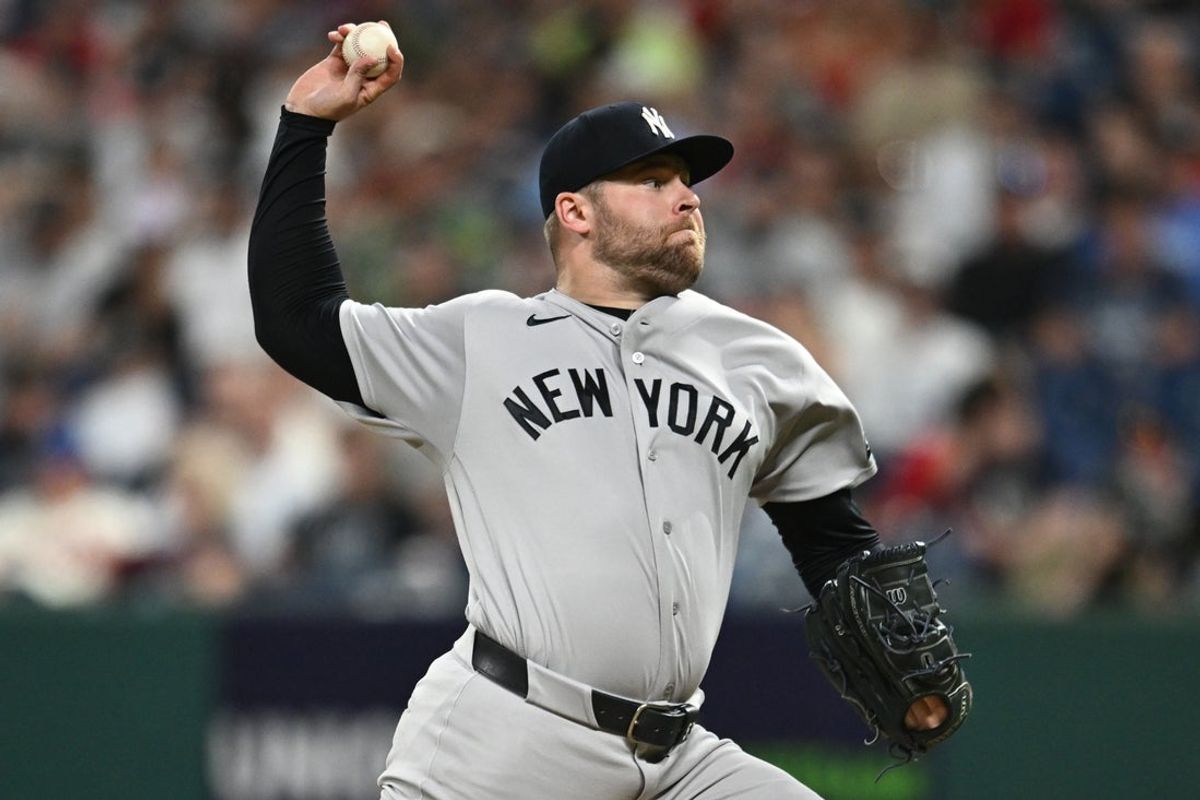 Jun 8, 2026; Cleveland, Ohio, USA; New York Yankees pitcher David Bednar (53) throws a pitch  during the ninth inning against the Cleveland Guardians at Progressive Field. Mandatory Credit: Ken Blaze-Imagn Images