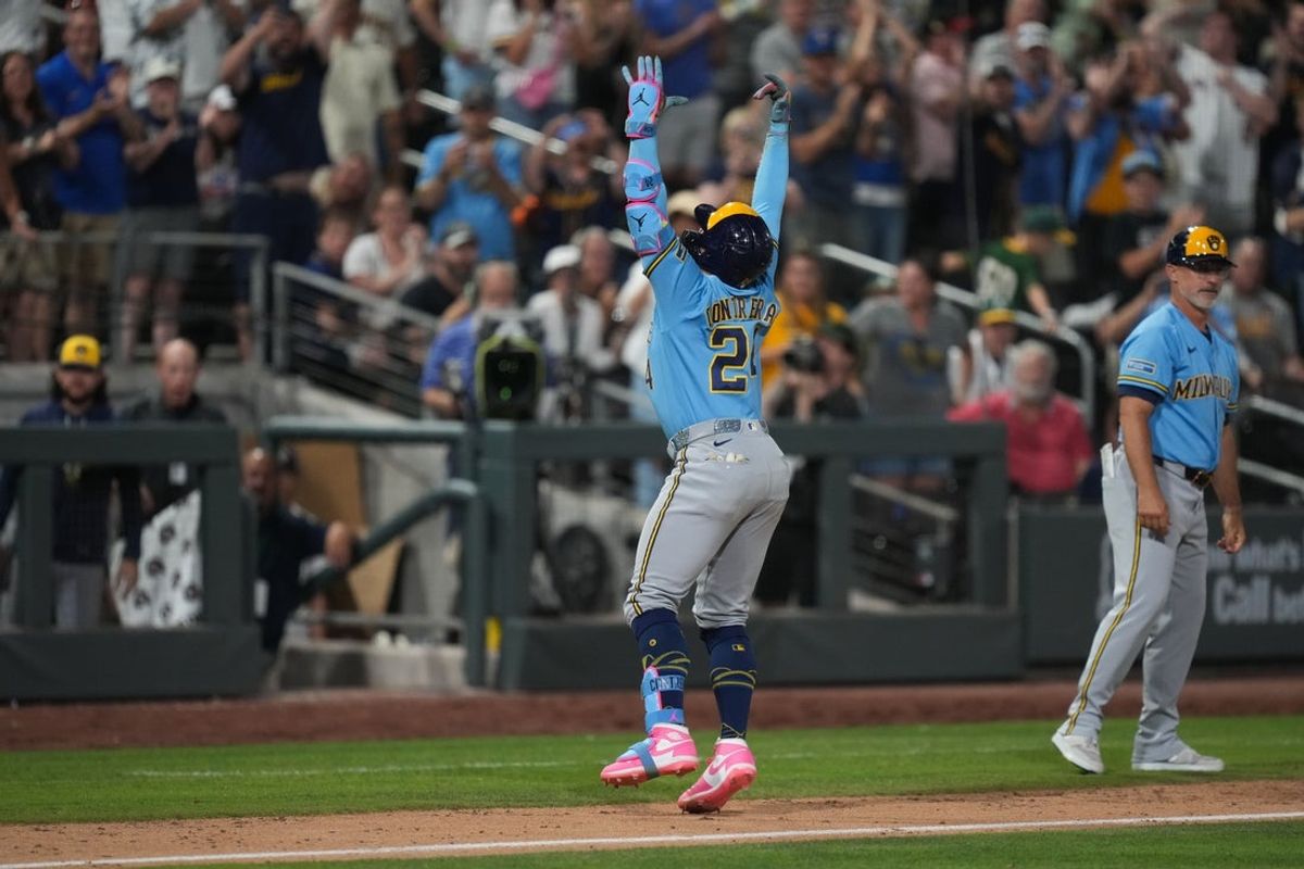 Jun 8, 2026; Summerlin, Nevada, USA;  Milwaukee Brewers catcher William Contreras (24) celebrates after hitting a home run against the Athletics during the ninth inning at the Las Vegas Ballpark. Mandatory Credit: Lucas Peltier-Imagn Images