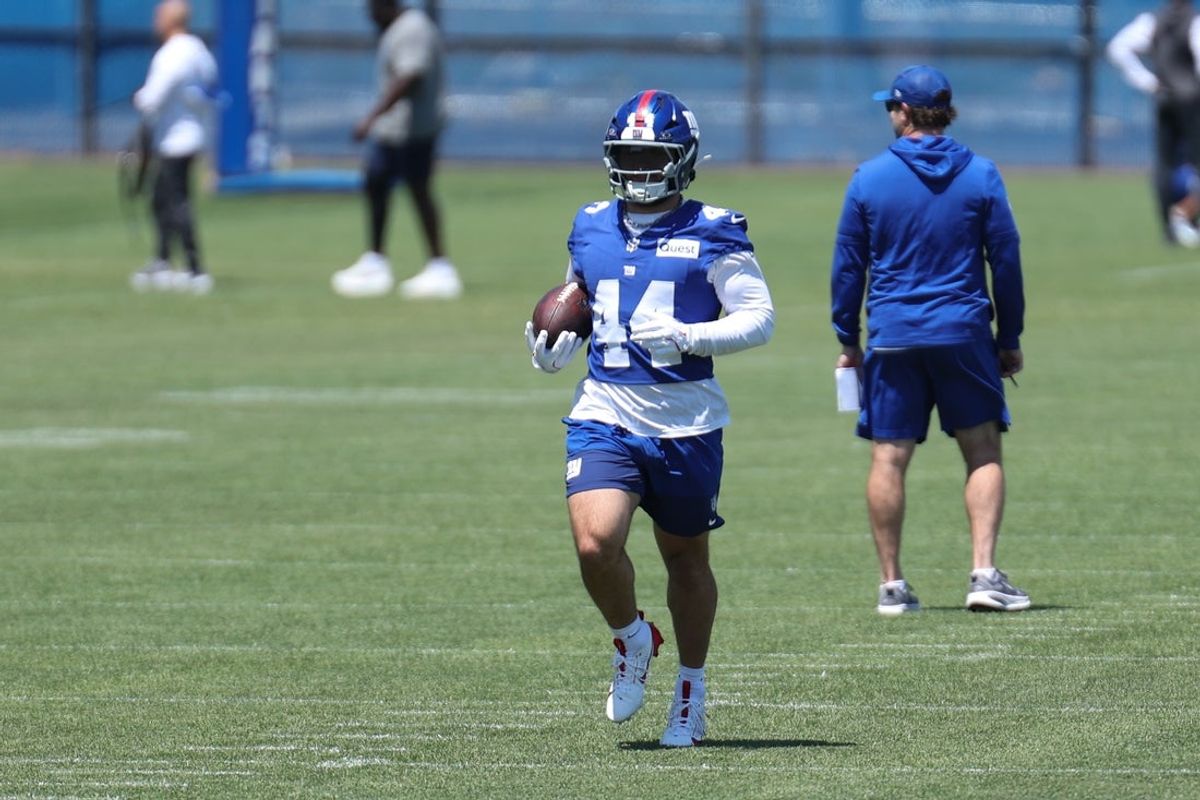Jun 9, 2026; East Rutherford, NJ, USA; New York Giants running back Cam Skattebo (44) participates in drills during the minicamp activities at Quest Diagnostics Center. Mandatory Credit: Thomas Salus-Imagn Images