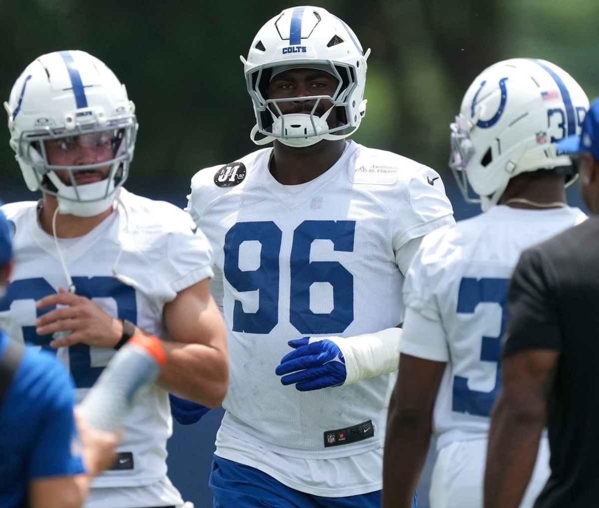 Indianapolis Colts defensive tackle Colby Wooden (96) warms up during the team’s veteran minicamp Tuesday, June 9, 2026, at the Indiana Farm Bureau Football Center in Indianapolis.