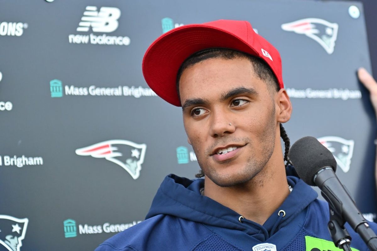 Jun 9, 2026; Foxborough, MA, USA; New England Patriots cornerback Christian Gonzalez (0) takes questions from the media at minicamp at Gillette Stadium. Mandatory Credit: Eric Canha-Imagn Images