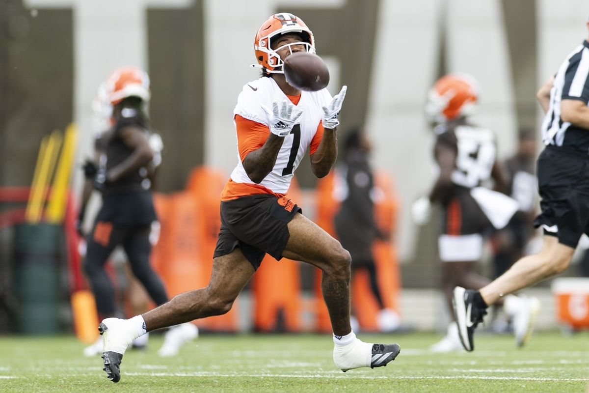 Jun 9, 2026; Berea, OH, USA; Cleveland Browns wide receiver KC Concepcion (1) catches the ball during mandatory mini camp at Cross Country Mortgage Campus. Mandatory Credit: Scott Galvin-Imagn Images