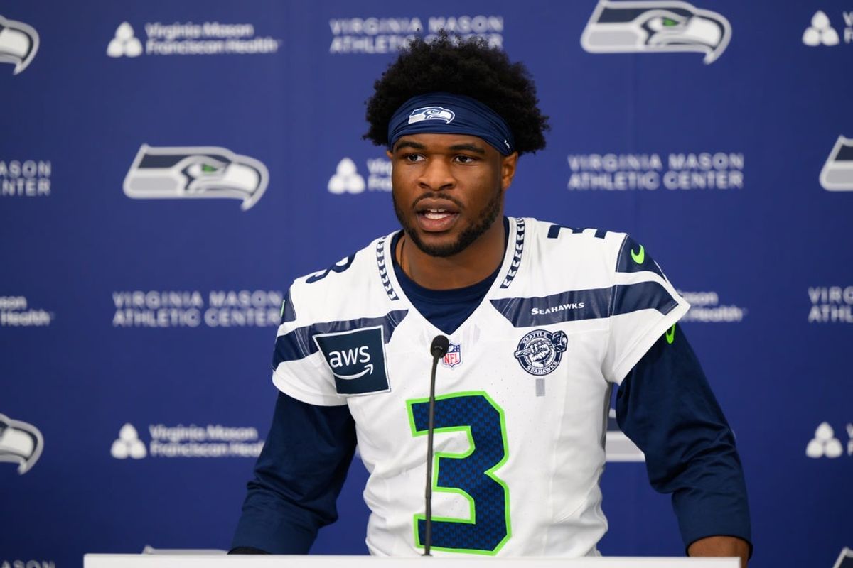 Jun 9, 2026; Renton, WA, USA; Seattle Seahawks safety Nick Emmanwori (3) speaks to the media after minicamp practice at Virginia Mason Athletic Center. Mandatory Credit: Steven Bisig-Imagn Images