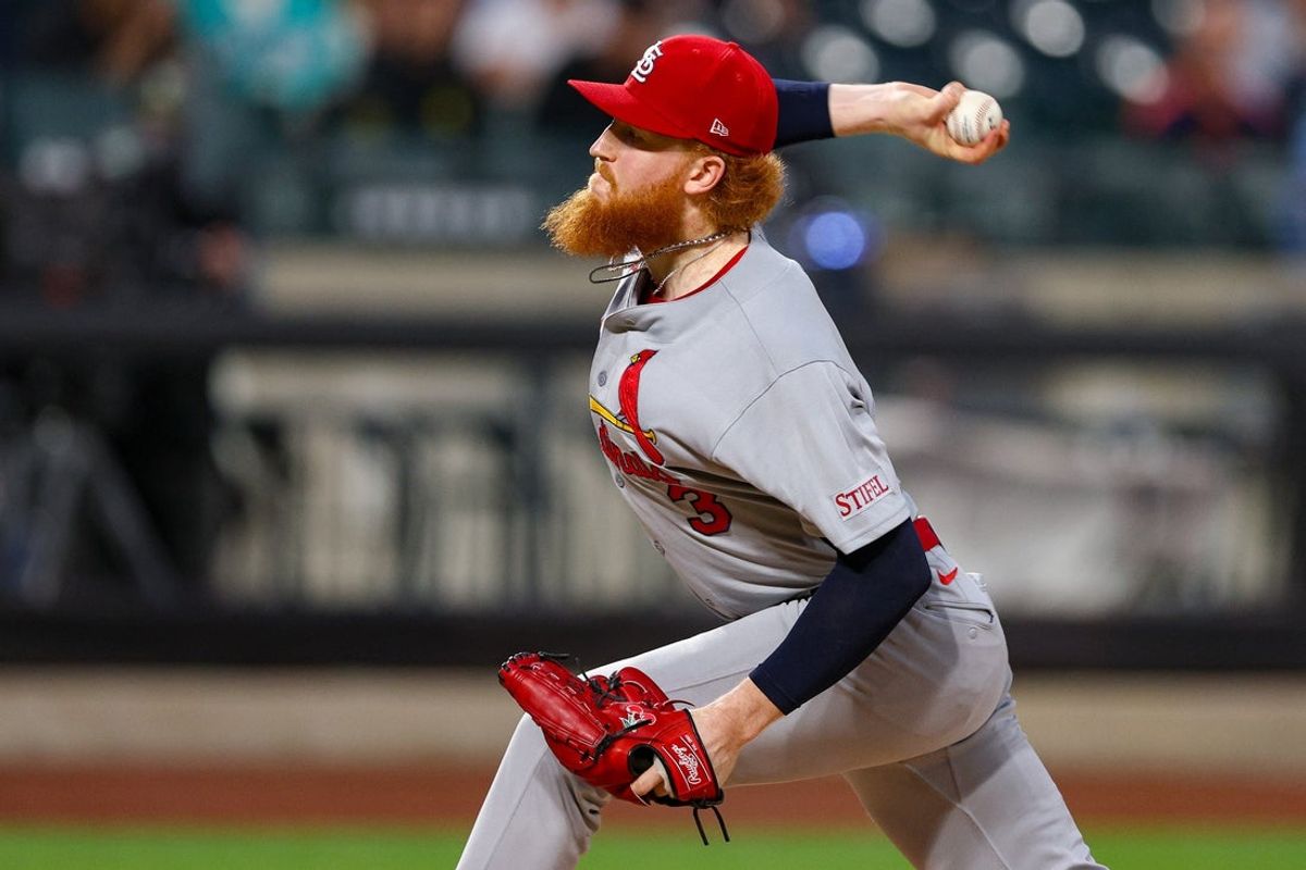Jun 9, 2026; New York City, New York, USA; St. Louis Cardinals pitcher Dustin May (3) delivers a pitch during the fourth inning against the New York Mets at Citi Field. Mandatory Credit: Vincent Carchietta-Imagn Images