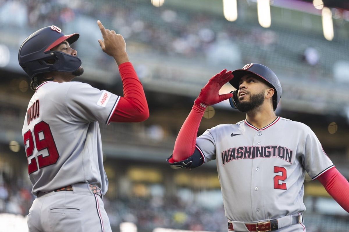Jun 9, 2026; San Francisco, California, USA;  Washington Nationals first baseman Luis Garcia Jr. (2) celebrates with Washington Nationals right fielder James Wood (29) after hitting a two run home run during the first inning against the San Francisco Giants at Oracle Park. Mandatory Credit: Stan Szeto-Imagn Images