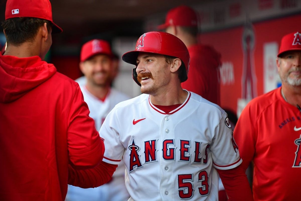 Jun 9, 2026; Anaheim, California, USA; Los Angeles Angels left fielder Wade Meckler (53) reacts after scoring a run against the Houston Astros during the second inning at Angel Stadium. Mandatory Credit: Gary A. Vasquez-Imagn Images