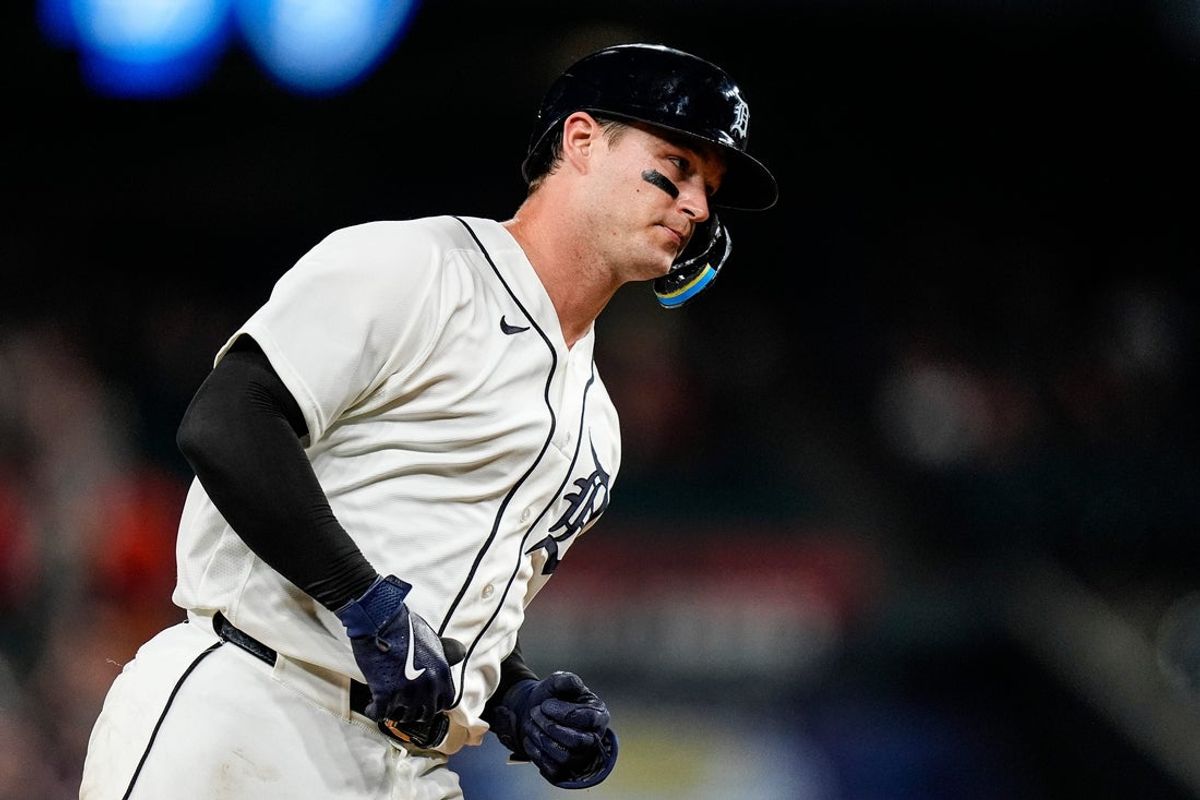 Detroit Tigers catcher Dillon Dingler (13) bats a three run home run against Minnesota Twins during the sixth inning at Comerica Park in Detroit on Tuesday, June 9, 2026.