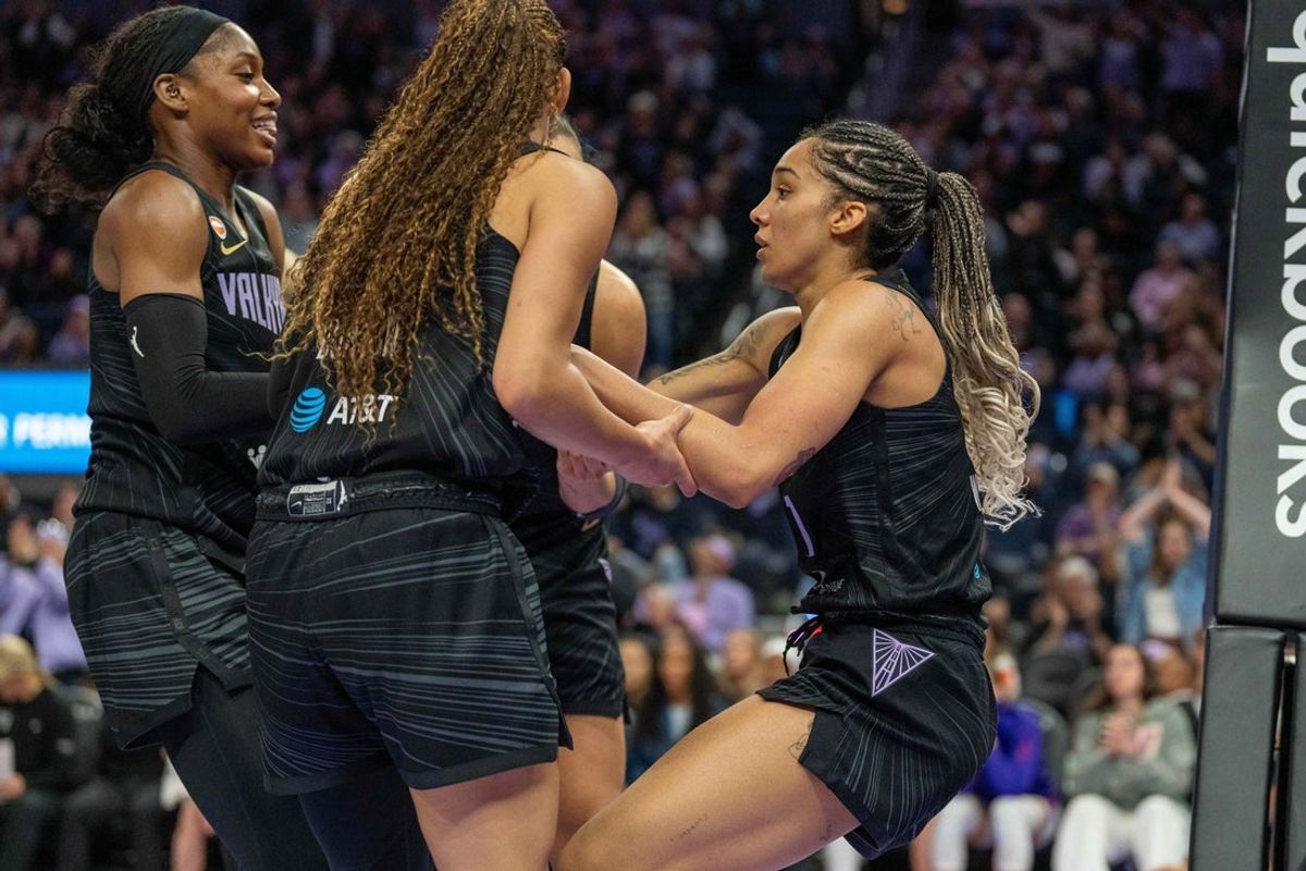 Jun 9, 2026; San Francisco, California, USA; Golden State Valkyries forward Gabby Williams (1) is helped of the floor by teammates after the score against the Phoenix Mercury during the fourth quarter at Chase Center. Mandatory Credit: Neville E. Guard-Imagn Images