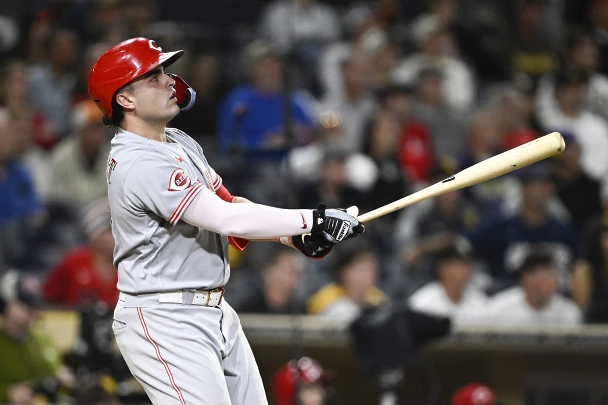 Jun 9, 2026; San Diego, California, USA; Cincinnati Reds first baseman Sal Stewart (27) hits a two-run homer during the 11th inning against the San Diego Padres at Petco Park. Mandatory Credit: Denis Poroy-Imagn Images