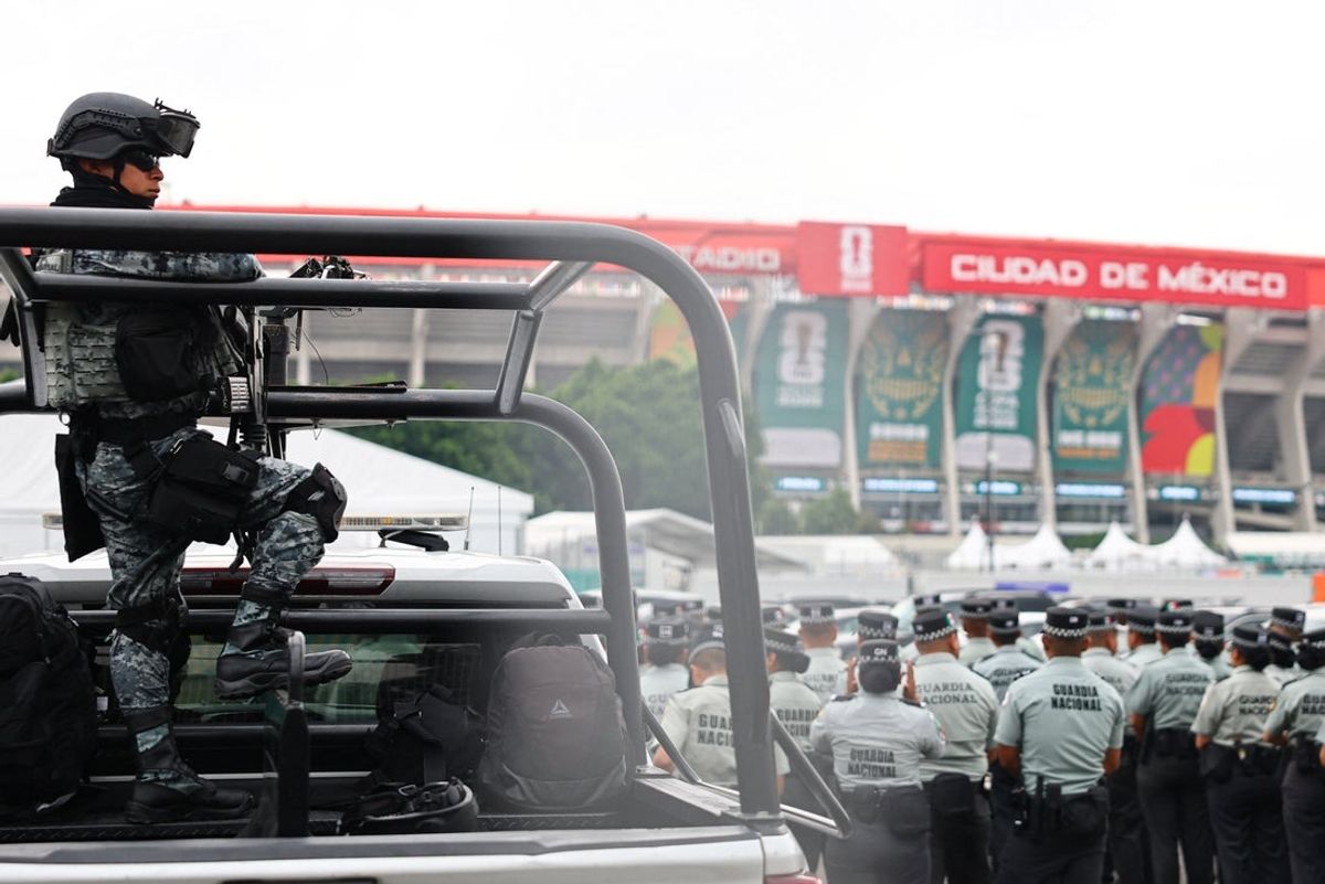 June 10, 2026; Mexico City, Mexico; Police officers outside the Estadio Azteca ahead of the match.  Mandatory Credit: Kai Pfaffenbach-REUTERS