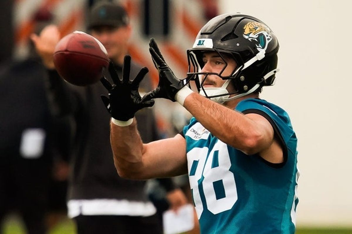 Jacksonville Jaguars tight end Patrick Herbert (88) hauls in a pass during the second day of minicamp at the Miller Electric Center, Wednesday, June 10, 2026, in Jacksonville. [Doug Engle/Florida Times-Union]