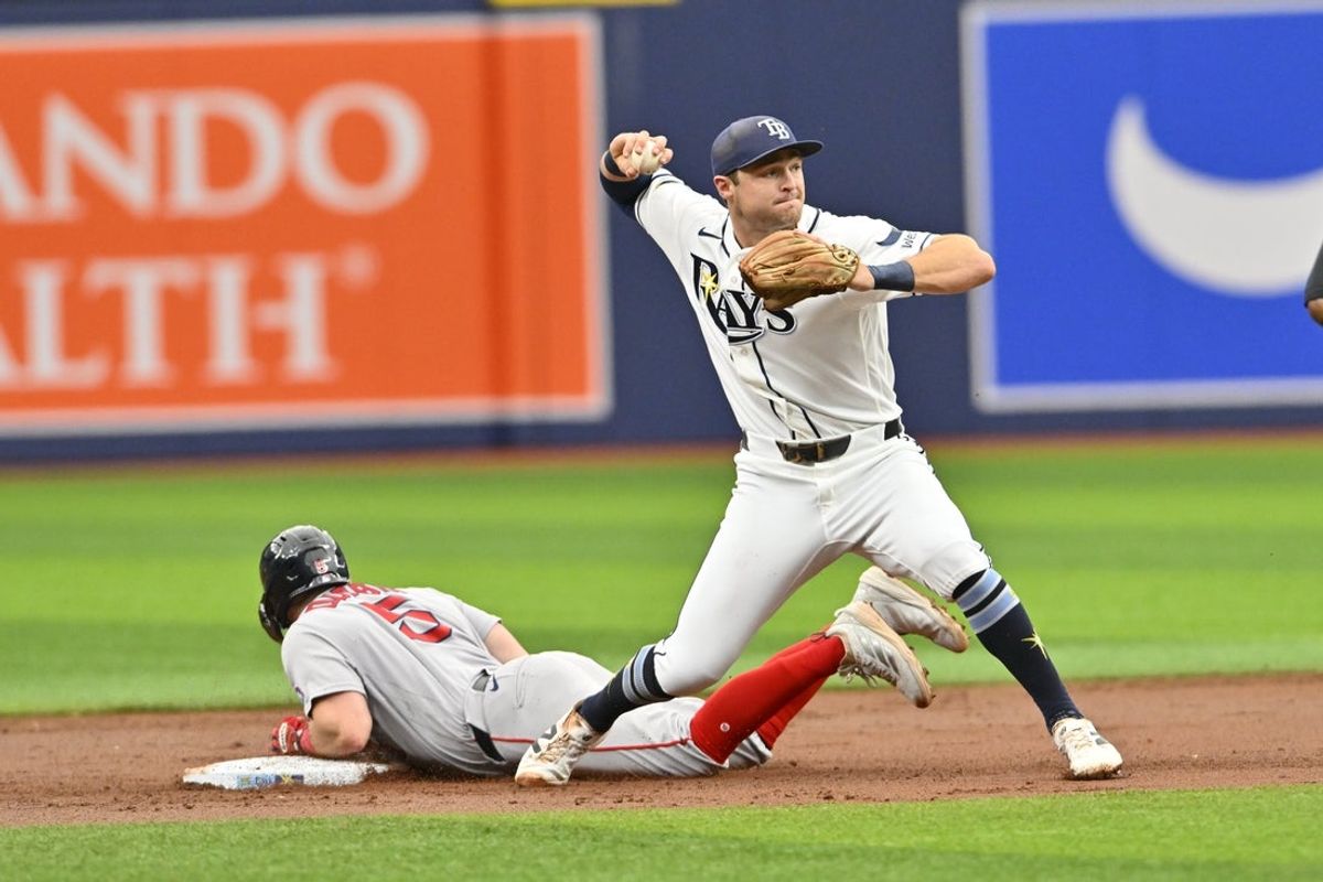 Jun 10, 2026; St. Petersburg, Florida, USA; Tampa Bay Rays second baseman Taylor Walls (6) throws to first base against Boston Red Sox third baseman Caleb Durbin (5) during the third inning at Tropicana Field. Mandatory Credit: Pablo Robles-Imagn Images