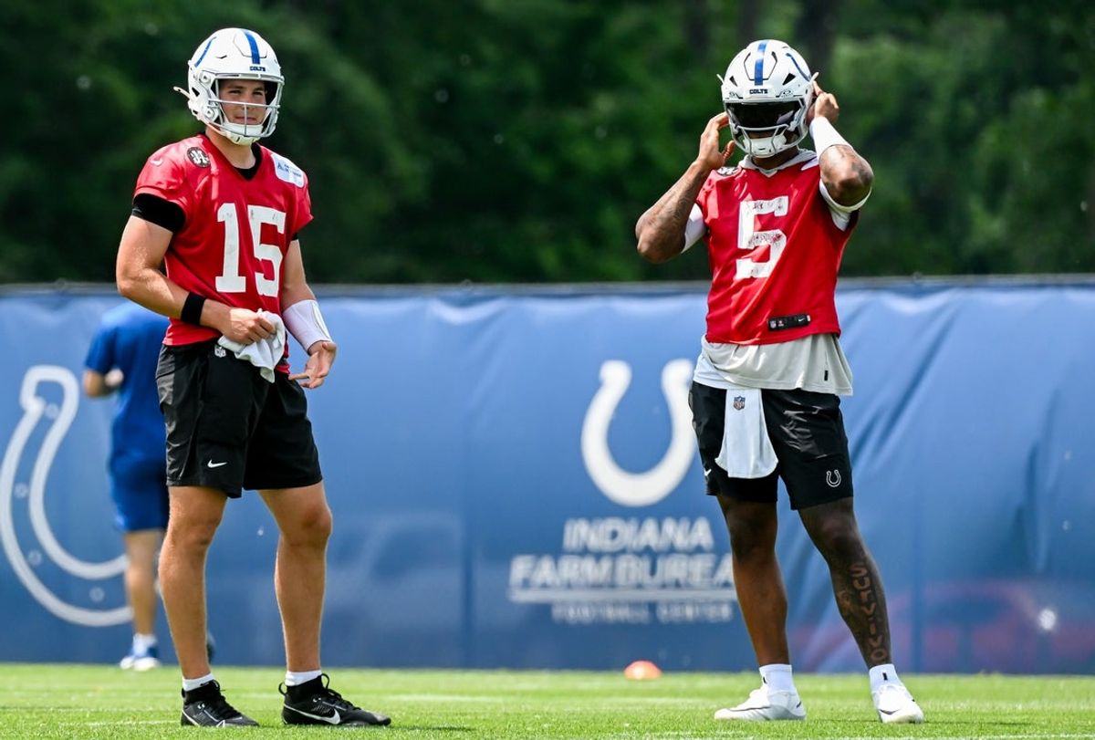 Jun 10, 2026; Indianapolis, IN, USA; Indianapolis Colts quarterback Riley Leonard (15) and Indianapolis Colts quarterback Anthony Richardson Sr. (5) participate in a drill during minicamp at Indiana Farm Bureau Football Center. Mandatory Credit: Robert Goddin-Imagn Images