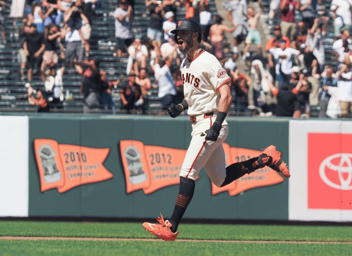 Jun 10, 2026; San Francisco, California, USA; San Francisco Giants designated hitter Bryce Eldrige (8) celebrates as he rounds the bases on a walk-off grand slam for a win against the Washington Nationals during the ninth inning at Oracle Park. Mandatory Credit: Kelley L Cox-Imagn Images