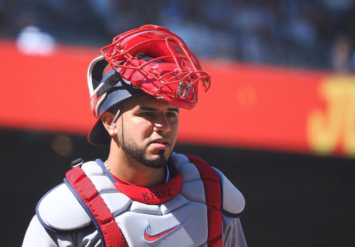Jun 10, 2026; San Francisco, California, USA; Washington Nationals catcher Keibert Ruiz (20) between plays against the San Francisco Giants during the ninth inning at Oracle Park. Mandatory Credit: Kelley L Cox-Imagn Images