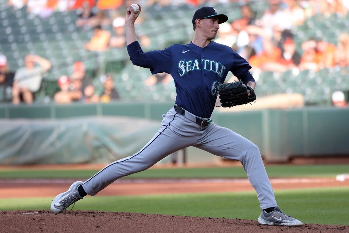 Jun 10, 2026; Baltimore, Maryland, USA; Seattle Mariners pitcher George Kirby (68) throws during the first inning against the Baltimore Orioles at Oriole Park at Camden Yards. Mandatory Credit: Daniel Kucin Jr.-Imagn Images