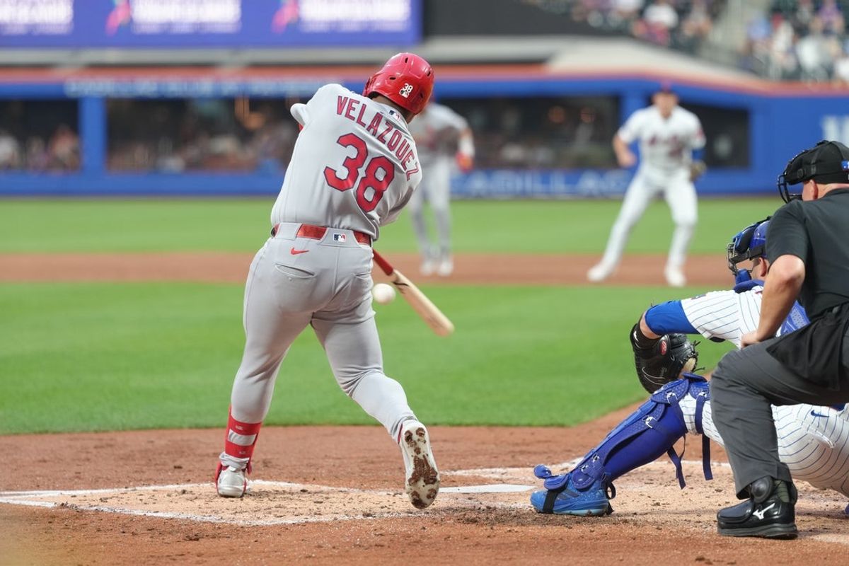 Jun 10, 2026; New York City, New York, USA; St. Louis Cardinals left fielder Nelson Velazquez (38) hits a two run home run against the New York Mets during the third inning at Citi Field. Mandatory Credit: Gregory Fisher-Imagn Images