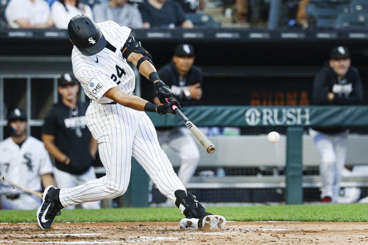 Jun 10, 2026; Chicago, Illinois, USA; Chicago White Sox right fielder Branden Montgomery (24) hits a double against the Atlanta Braves during the fourth inning at Rate Field. Mandatory Credit: Kamil Krzaczynski-Imagn Images