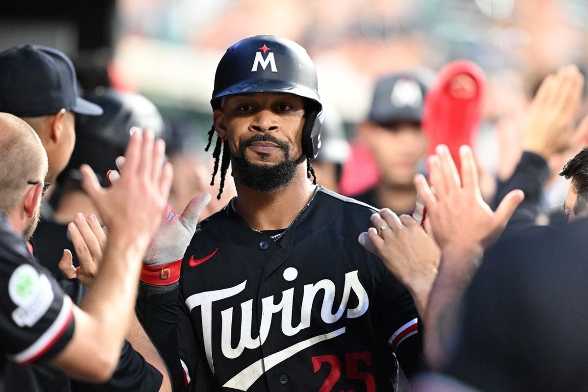 Jun 10, 2026; Detroit, Michigan, USA;  Minnesota Twins center fielder Byron Buxton (25) celebrates in the dugout after hitting a three-run home run against the  Detroit Tigers in the fifth inning at Comerica Park. Mandatory Credit: Lon Horwedel-Imagn Images
