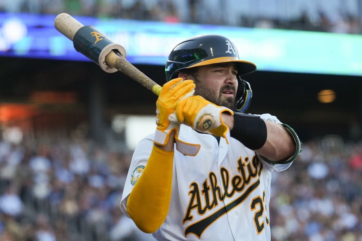 Jun 10, 2026; Summerlin, Nevada, USA; Athletics catcher Shea Langeliers (23) looks on during the first inning at the Las Vegas Ballpark against the Milwaukee Brewers. Mandatory Credit: Lucas Peltier-Imagn Images