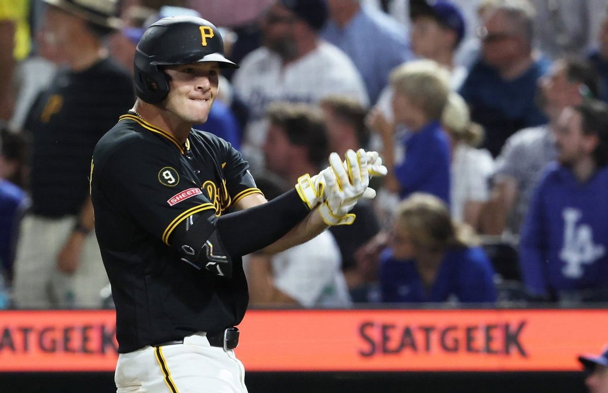 Jun 10, 2026; Pittsburgh, Pennsylvania, USA;  Pittsburgh Pirates right fielder Tyler Callihan (37) reacts after a three run home run for his second home run of the game against the Los Angeles Dodgers during the eighth inning at PNC Park. Mandatory Credit: Charles LeClaire-Imagn Images