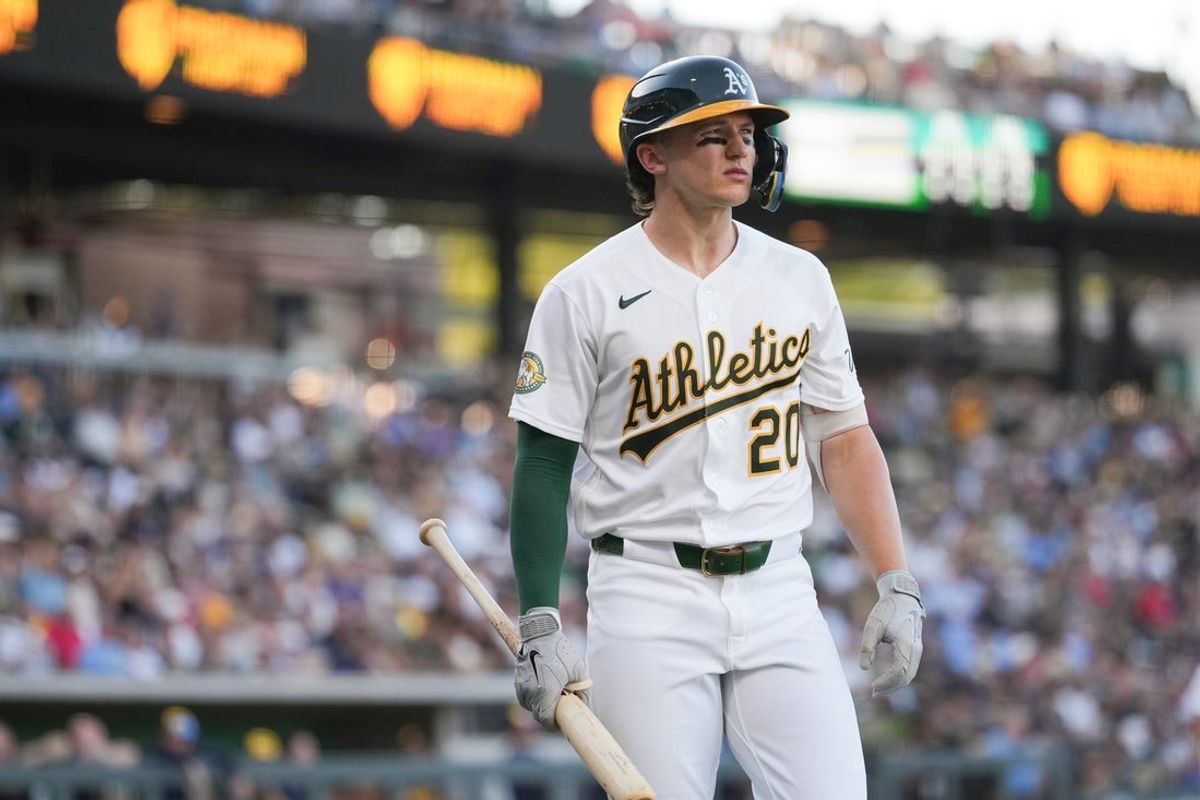 Jun 10, 2026; Summerlin, Nevada, USA; Athletics third baseman Zack Gelof (20) looks on during the second inning at Las Vegas Ballpark against the Milwaukee Brewers. Mandatory Credit: Lucas Peltier-Imagn Images