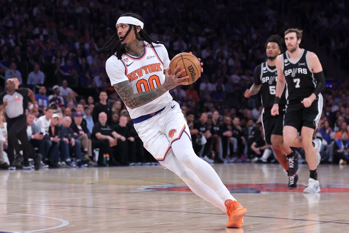 Jun 10, 2026; New York, New York, USA; New York Knicks guard Jordan Clarkson (00) controls the ball against the San Antonio Spurs in the second quarter during game four of the 2026 NBA Finals at Madison Square Garden. Mandatory Credit: Brad Penner-Imagn Images