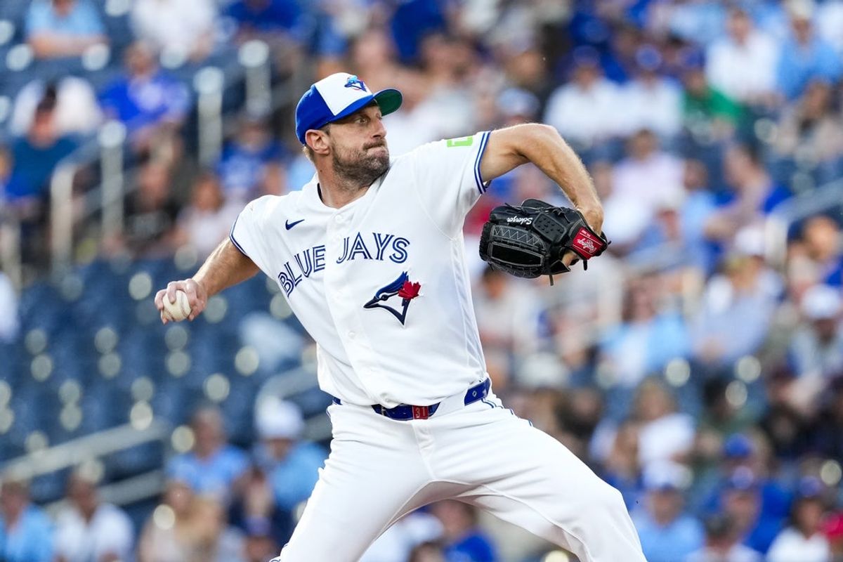 Jun 10, 2026; Toronto, Ontario, CAN;  Toronto Blue Jays pitcher Max Scherzer (31) pitches against the Philadelphia Phillies during the first inning at Rogers Centre. Mandatory Credit: Kevin Sousa-Imagn Images