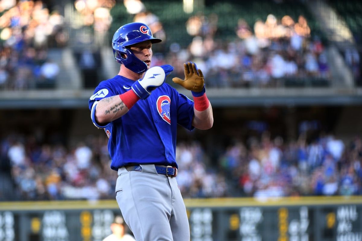 Jun 10, 2026; Denver, Colorado, USA; Chicago Cubs outfielder Pete Crow-Armstrong (4) after hitting a third base on a triple in the fourth inning against the Colorado Rockies at Coors Field. Mandatory Credit: Christopher Hanewinckel-Imagn Images